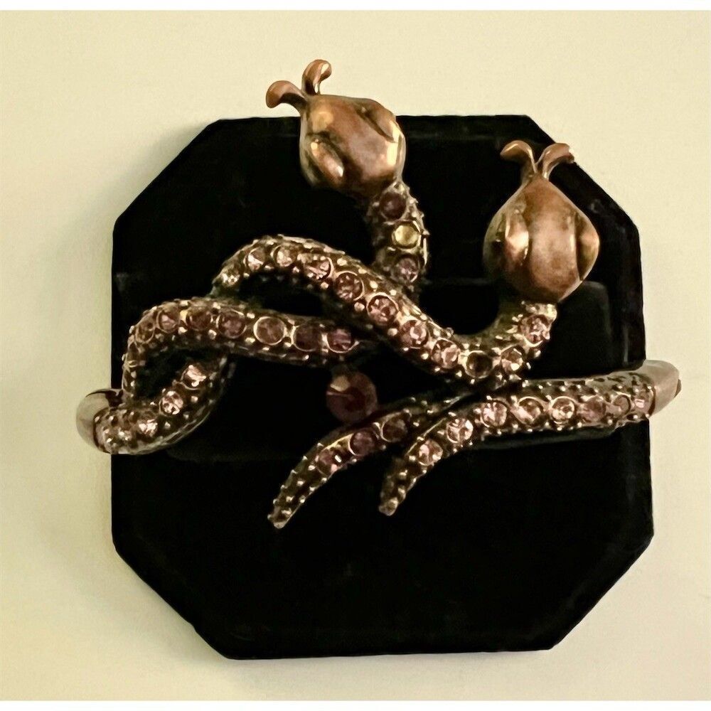 Double Snake Hinged Cuff Bracelet Pink Rhinestones Rose Gold Tone Tips